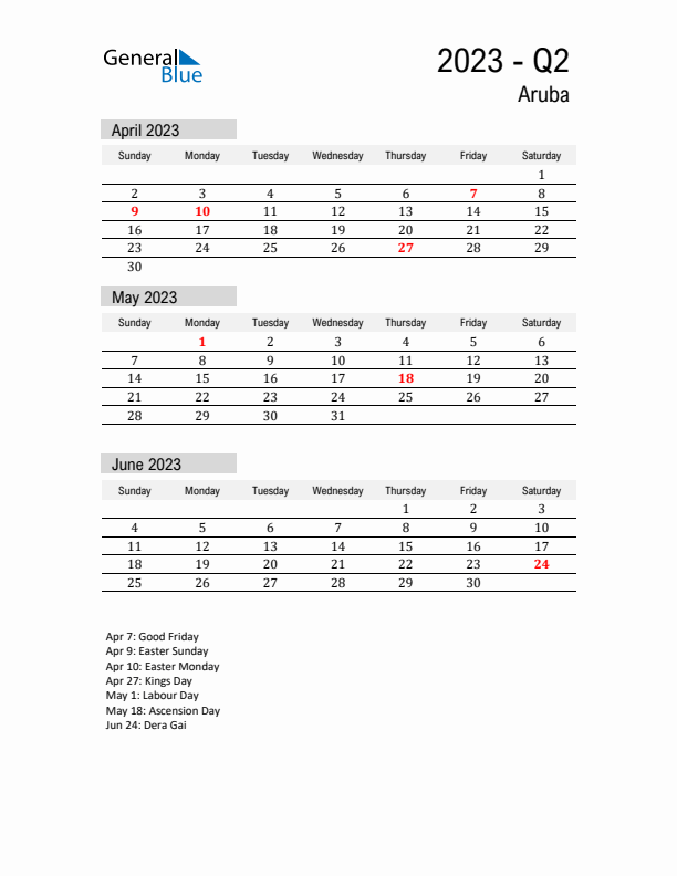 Aruba Quarter 2 2023 Calendar with Holidays