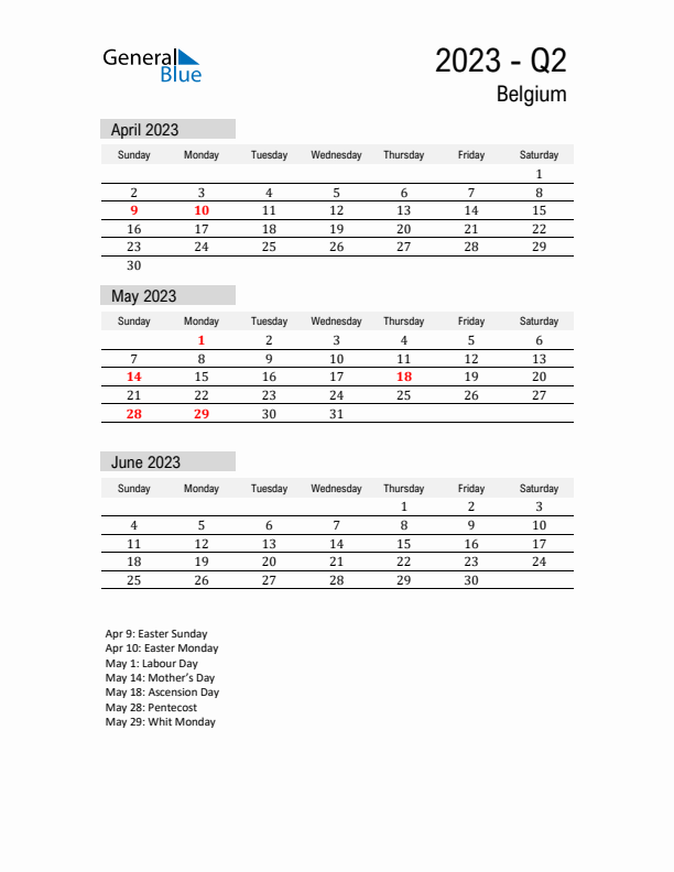 Belgium Quarter 2 2023 Calendar with Holidays