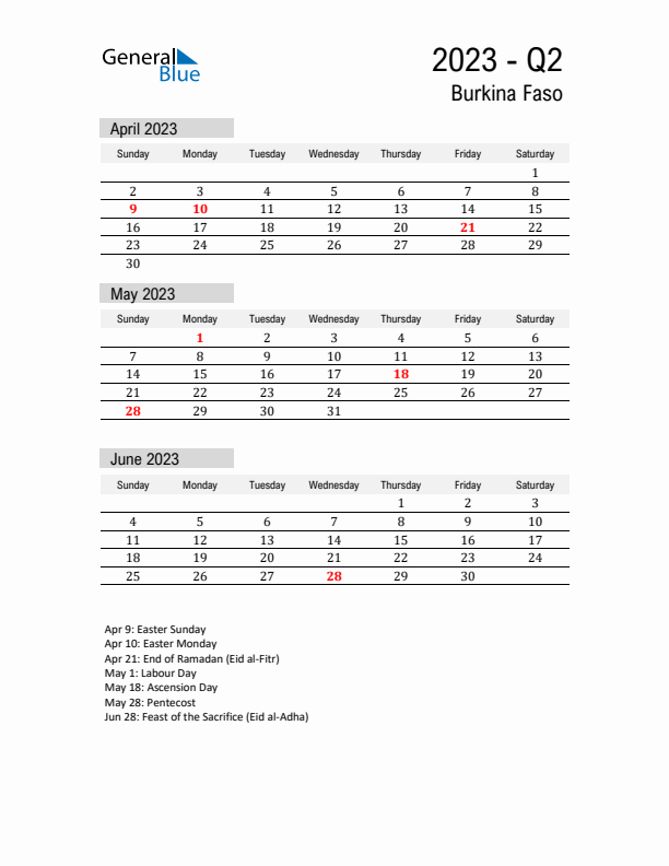 Burkina Faso Quarter 2 2023 Calendar with Holidays