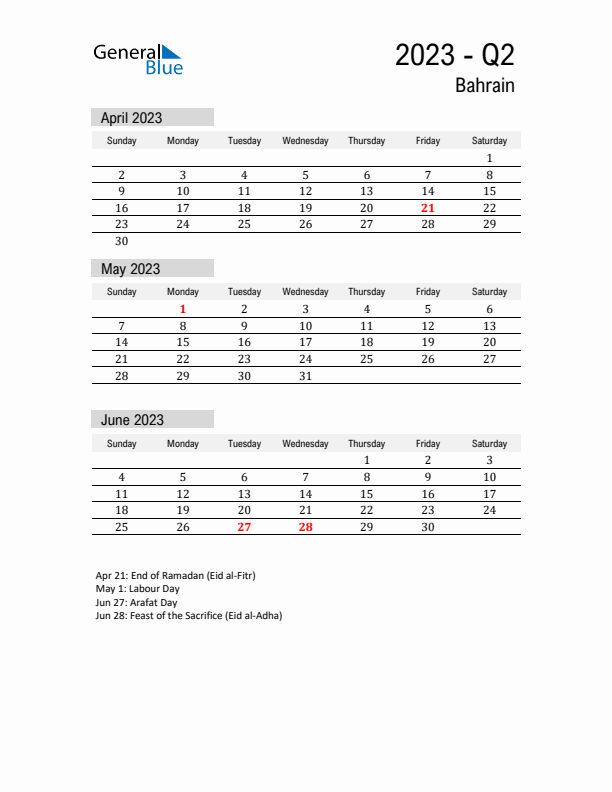 Bahrain Quarter 2 2023 Calendar with Holidays