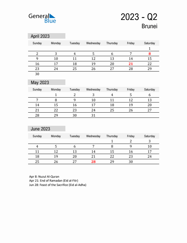 Brunei Quarter 2 2023 Calendar with Holidays