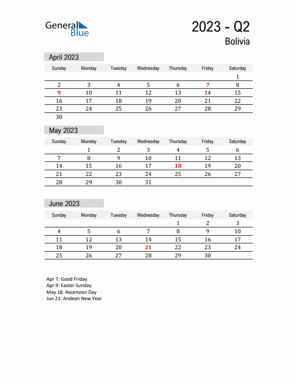 Bolivia Quarter 2 2023 Calendar with Holidays