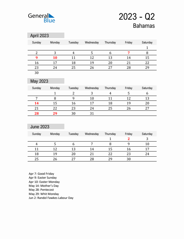 Bahamas Quarter 2 2023 Calendar with Holidays