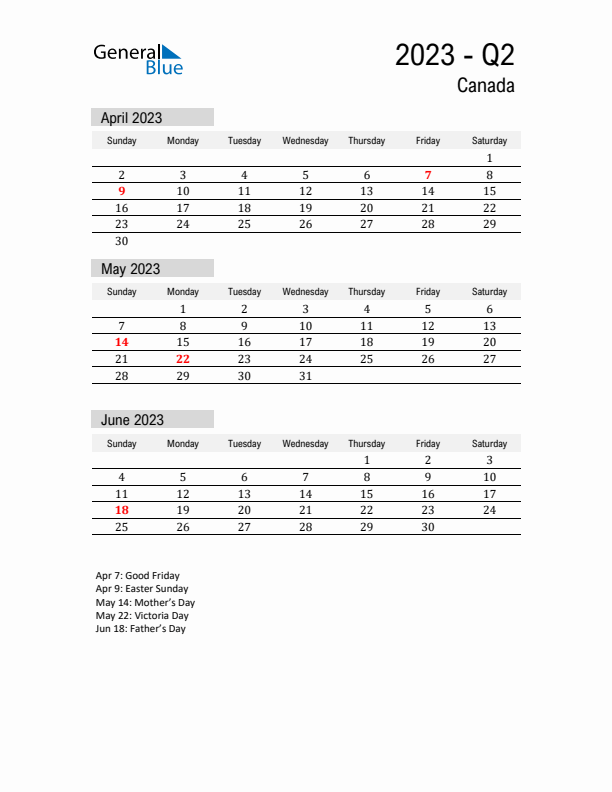 Canada Quarter 2 2023 Calendar with Holidays