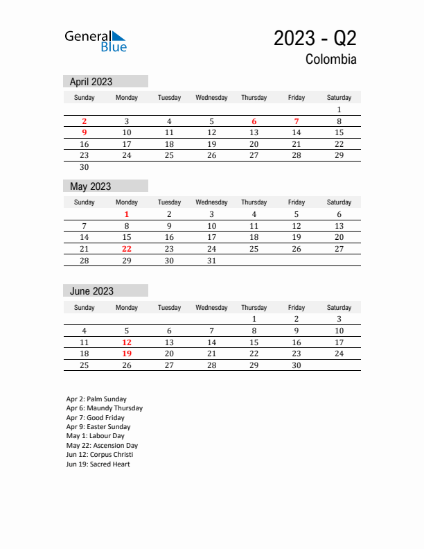 Colombia Quarter 2 2023 Calendar with Holidays