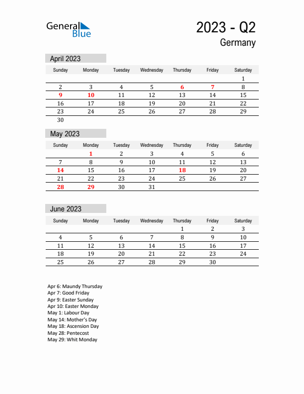 Germany Quarter 2 2023 Calendar with Holidays