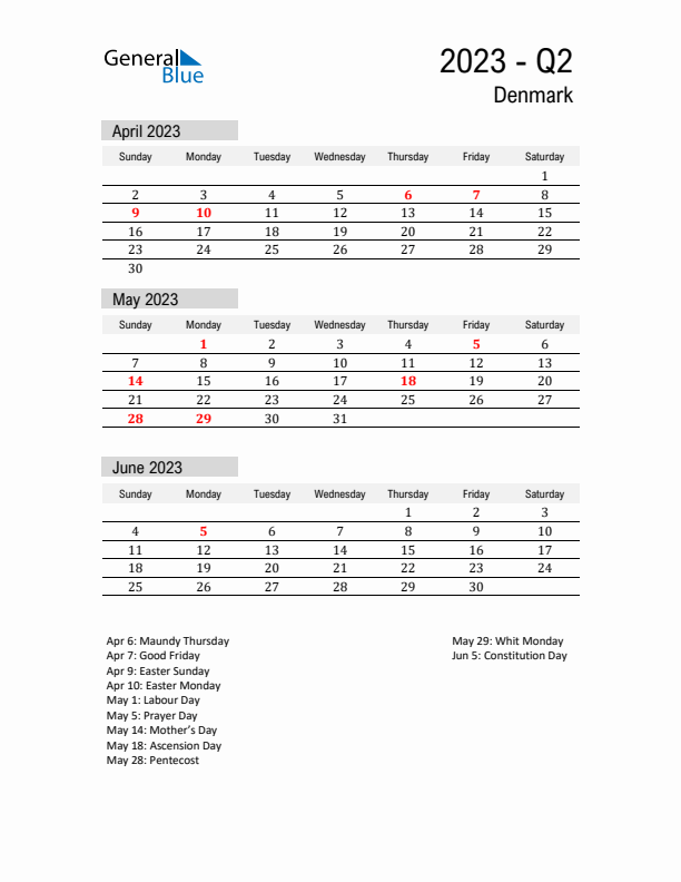 Denmark Quarter 2 2023 Calendar with Holidays