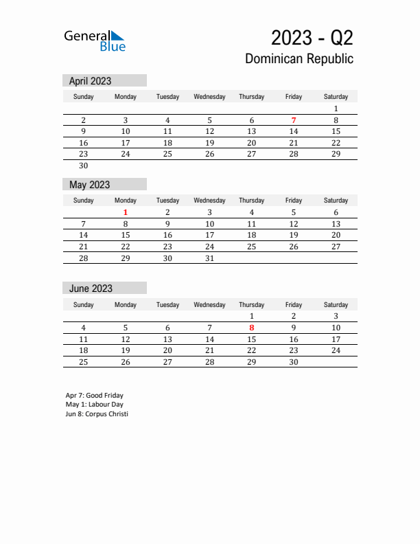 Dominican Republic Quarter 2 2023 Calendar with Holidays