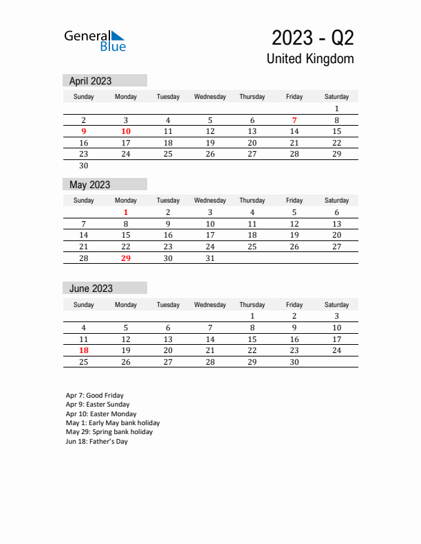 United Kingdom Quarter 2 2023 Calendar with Holidays