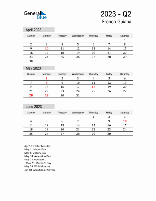 French Guiana Quarter 2 2023 Calendar with Holidays