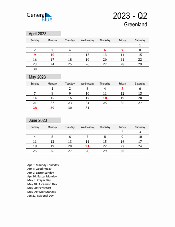 Greenland Quarter 2 2023 Calendar with Holidays