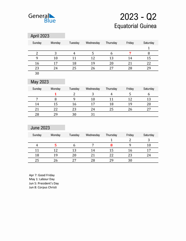 Equatorial Guinea Quarter 2 2023 Calendar with Holidays
