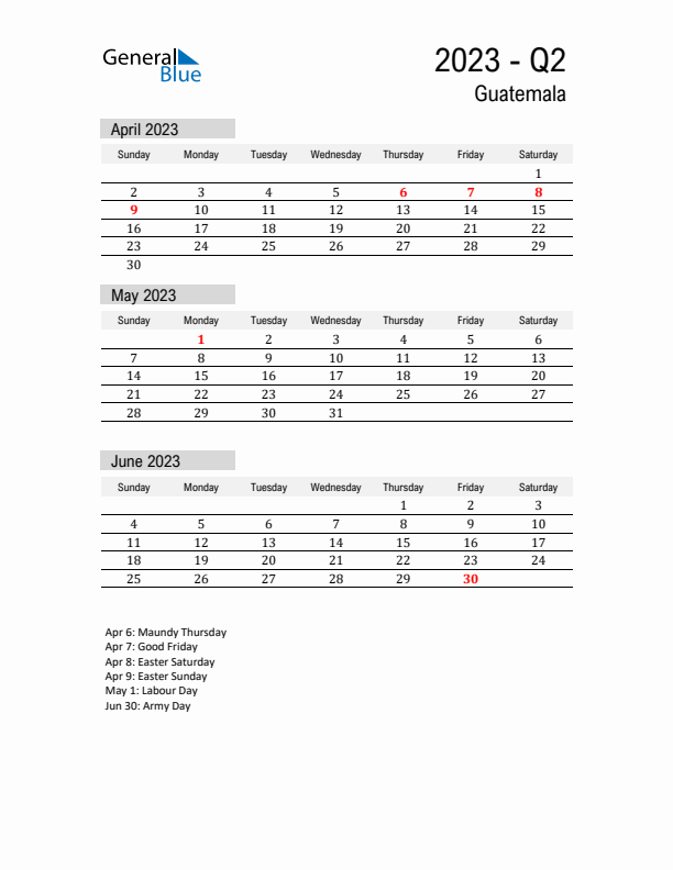 Guatemala Quarter 2 2023 Calendar with Holidays
