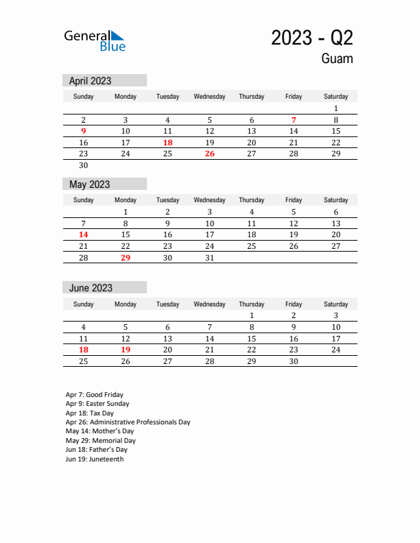 Guam Quarter 2 2023 Calendar with Holidays