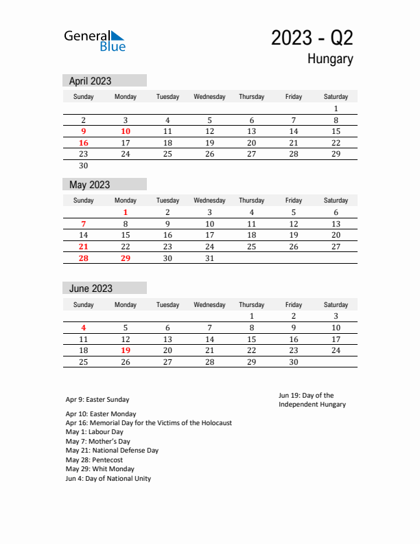 Hungary Quarter 2 2023 Calendar with Holidays