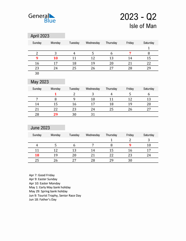 Isle of Man Quarter 2 2023 Calendar with Holidays