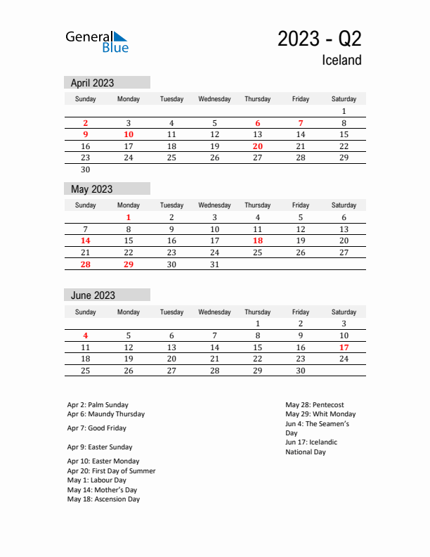 Iceland Quarter 2 2023 Calendar with Holidays
