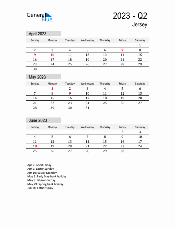 Jersey Quarter 2 2023 Calendar with Holidays