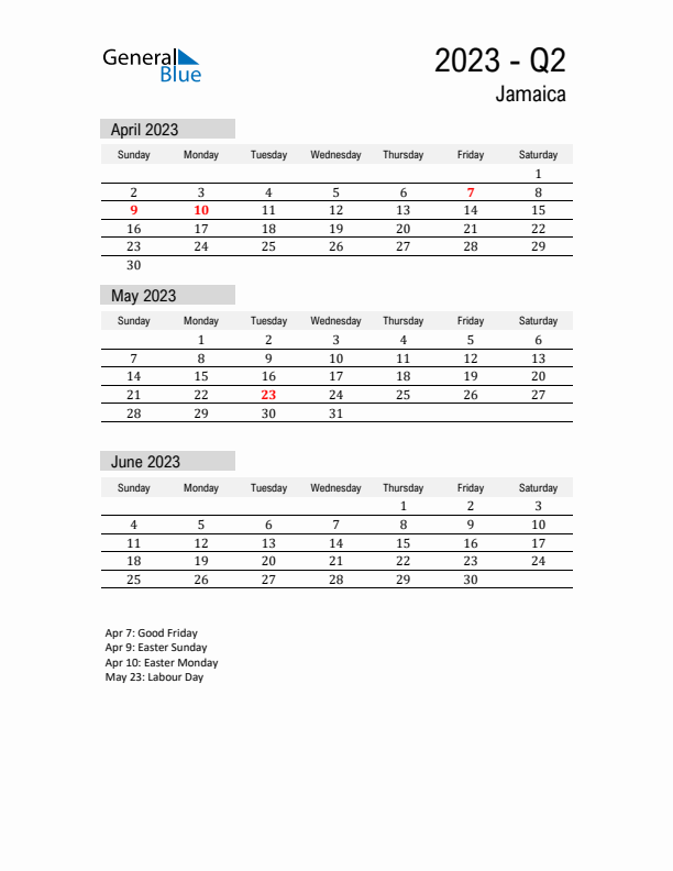 Jamaica Quarter 2 2023 Calendar with Holidays