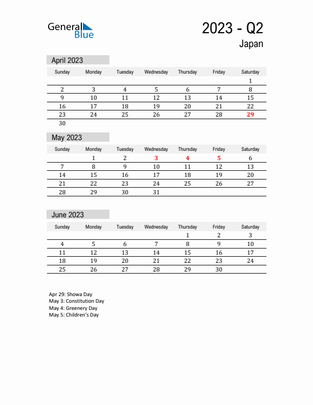 Japan Quarter 2 2023 Calendar with Holidays