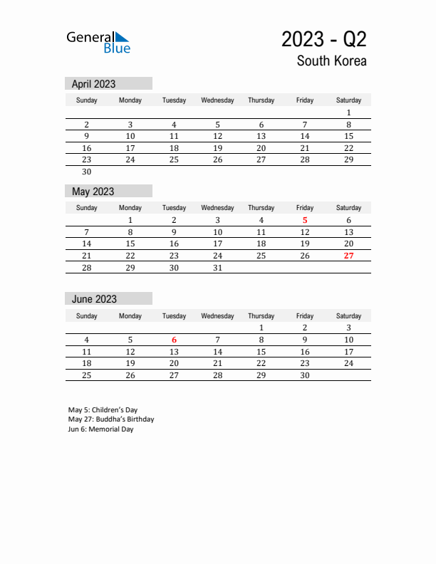 South Korea Quarter 2 2023 Calendar with Holidays