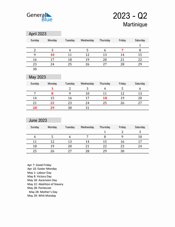 Martinique Quarter 2 2023 Calendar with Holidays