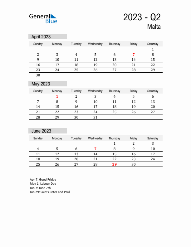 Malta Quarter 2 2023 Calendar with Holidays