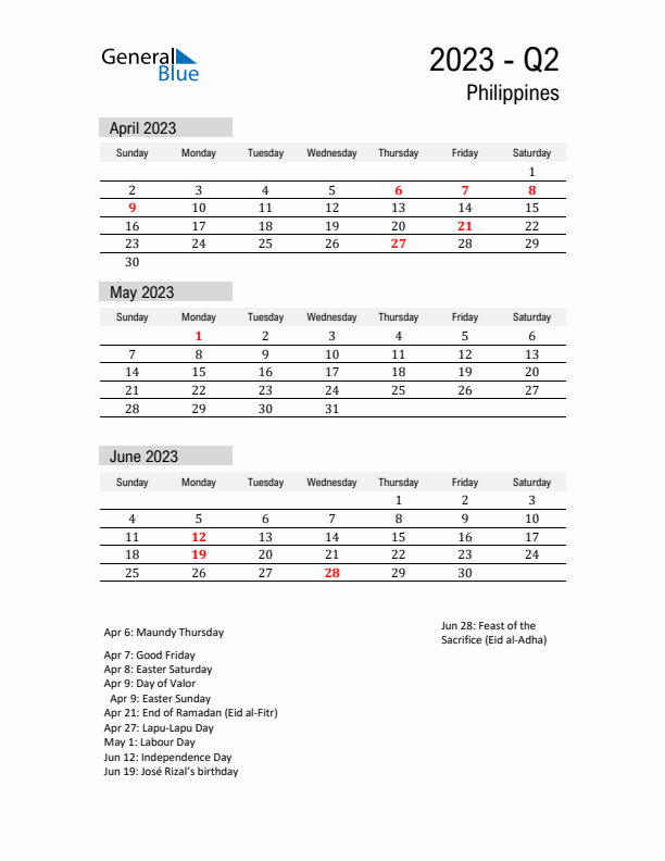 Philippines Quarter 2 2023 Calendar with Holidays