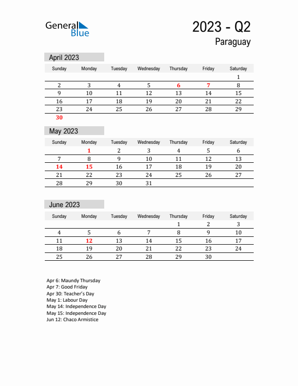 Paraguay Quarter 2 2023 Calendar with Holidays