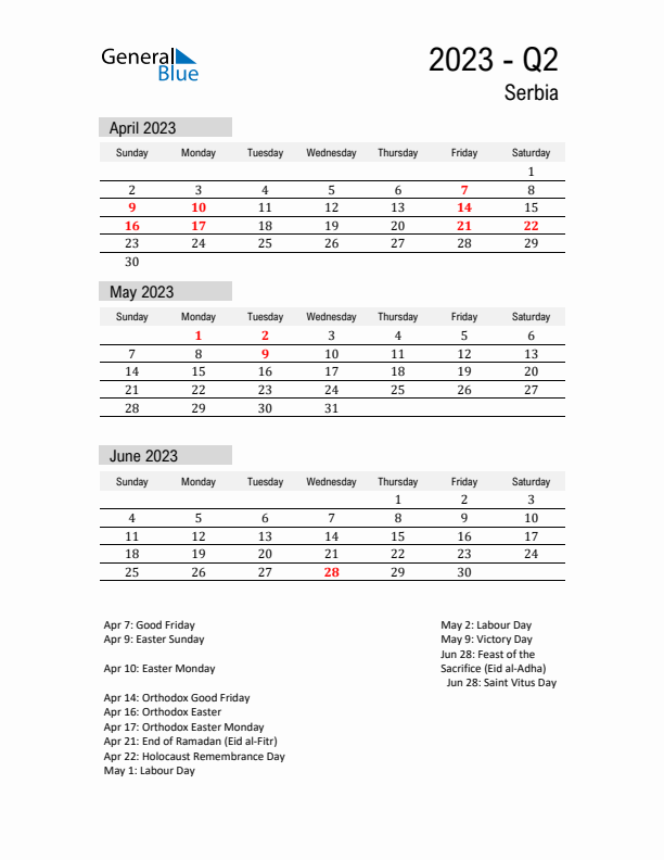 Serbia Quarter 2 2023 Calendar with Holidays