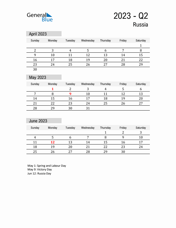 Russia Quarter 2 2023 Calendar with Holidays