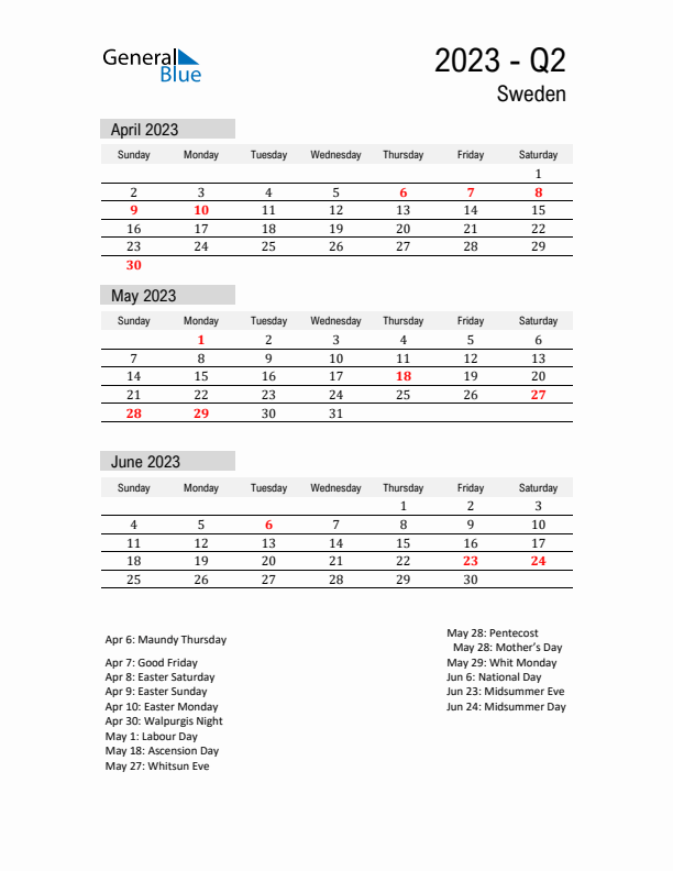 Sweden Quarter 2 2023 Calendar with Holidays