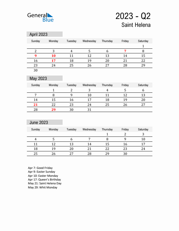 Saint Helena Quarter 2 2023 Calendar with Holidays