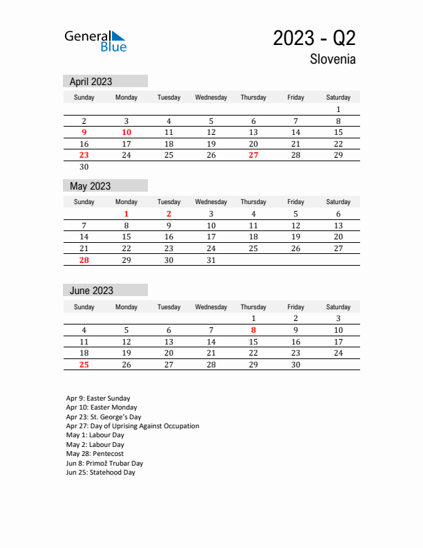 Slovenia Quarter 2 2023 Calendar with Holidays