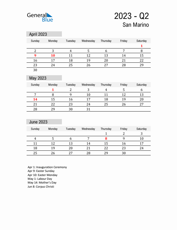 San Marino Quarter 2 2023 Calendar with Holidays