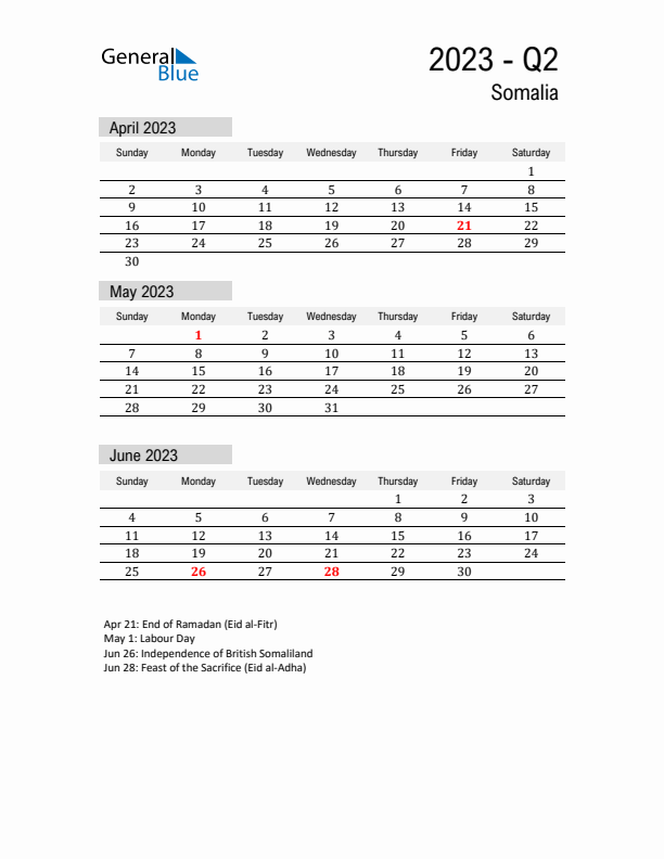 Somalia Quarter 2 2023 Calendar with Holidays