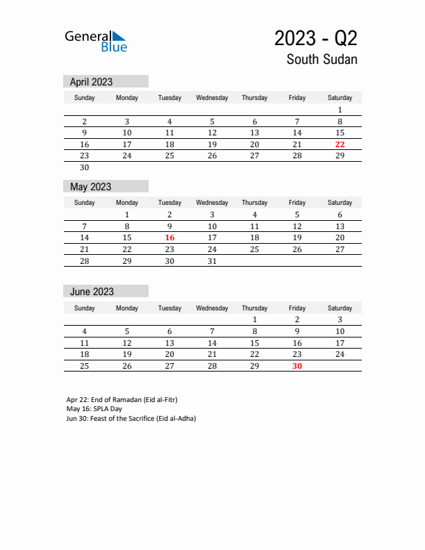 South Sudan Quarter 2 2023 Calendar with Holidays