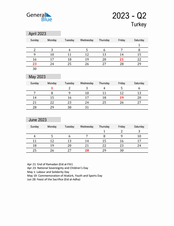 Turkey Quarter 2 2023 Calendar with Holidays