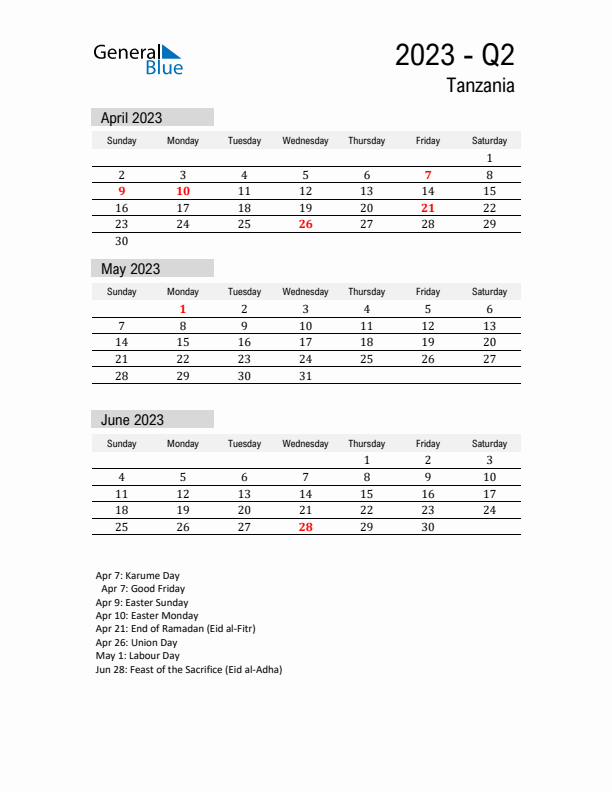 Tanzania Quarter 2 2023 Calendar with Holidays