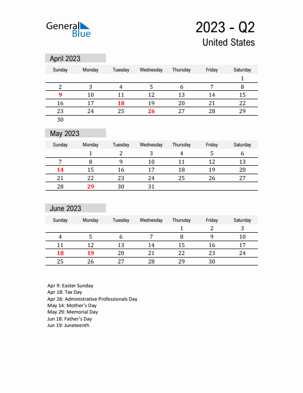 United States Quarter 2 2023 Calendar with Holidays