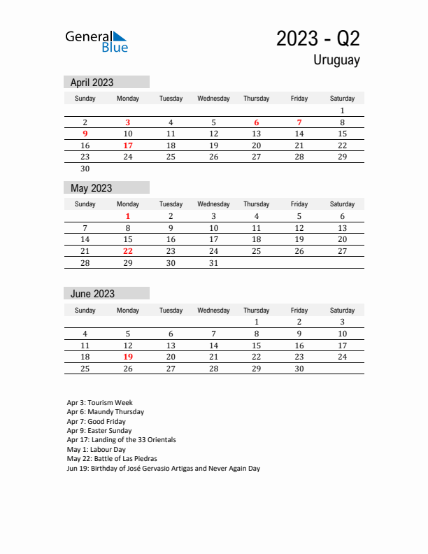 Uruguay Quarter 2 2023 Calendar with Holidays