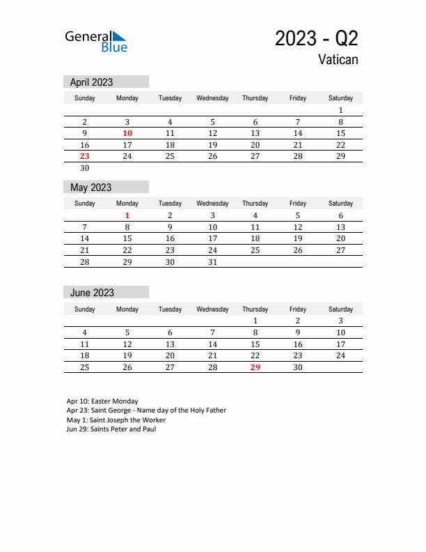 Vatican Quarter 2 2023 Calendar with Holidays