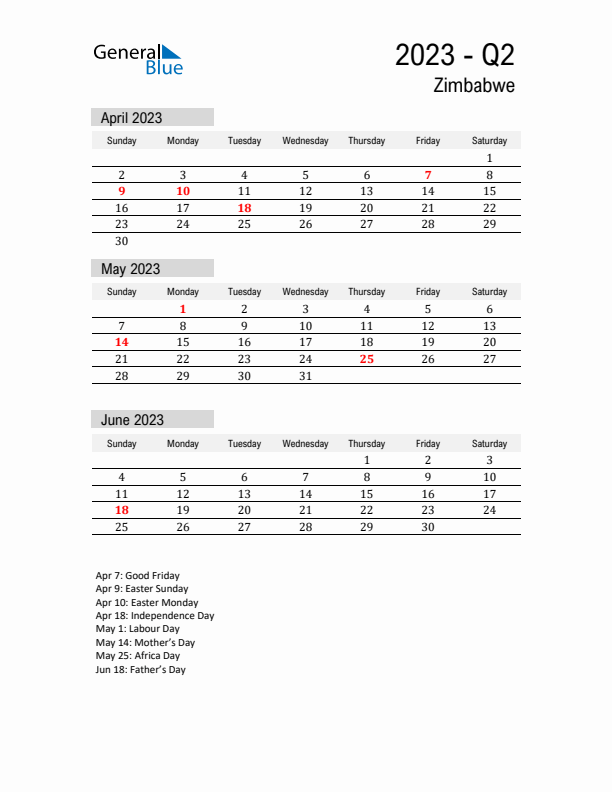 Zimbabwe Quarter 2 2023 Calendar with Holidays