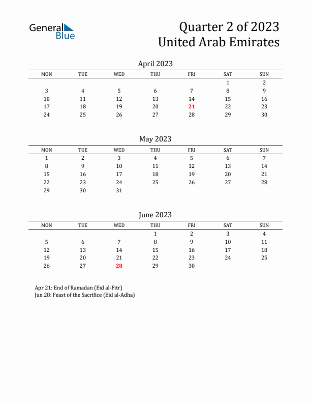 Quarter 2 2023 United Arab Emirates Quarterly Calendar