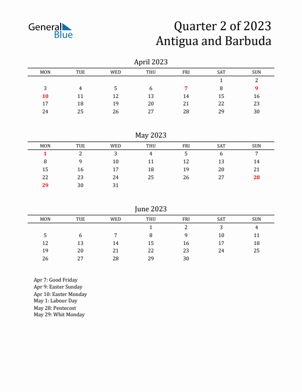 Quarter 2 2023 Antigua and Barbuda Quarterly Calendar