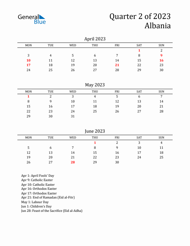 Quarter 2 2023 Albania Quarterly Calendar