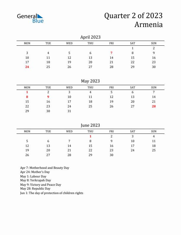 Quarter 2 2023 Armenia Quarterly Calendar