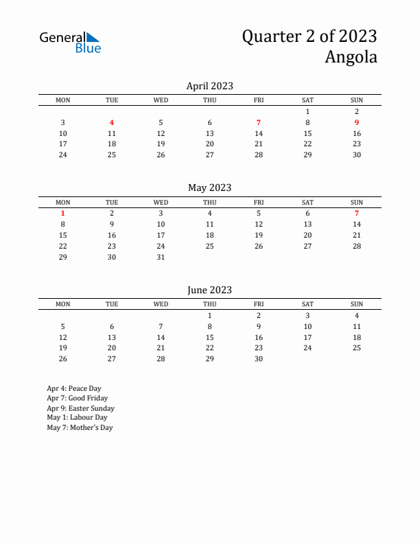 Quarter 2 2023 Angola Quarterly Calendar