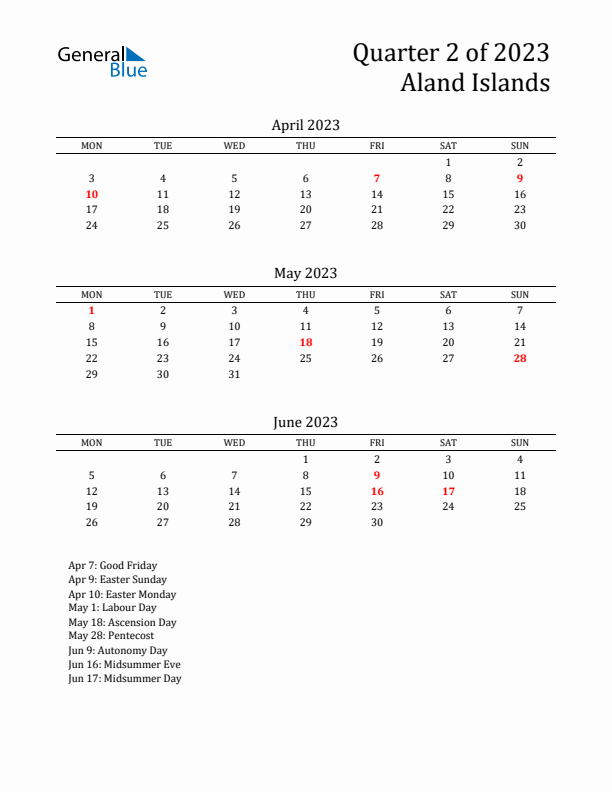 Quarter 2 2023 Aland Islands Quarterly Calendar