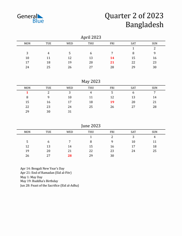 Quarter 2 2023 Bangladesh Quarterly Calendar